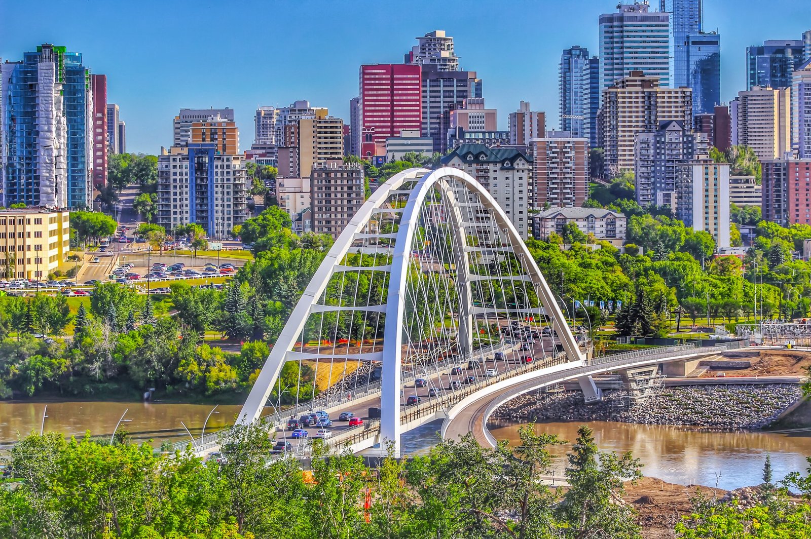 Skyline of Edmonton, Canada with the North Saskatchewan River and High Level Bridge at sunset