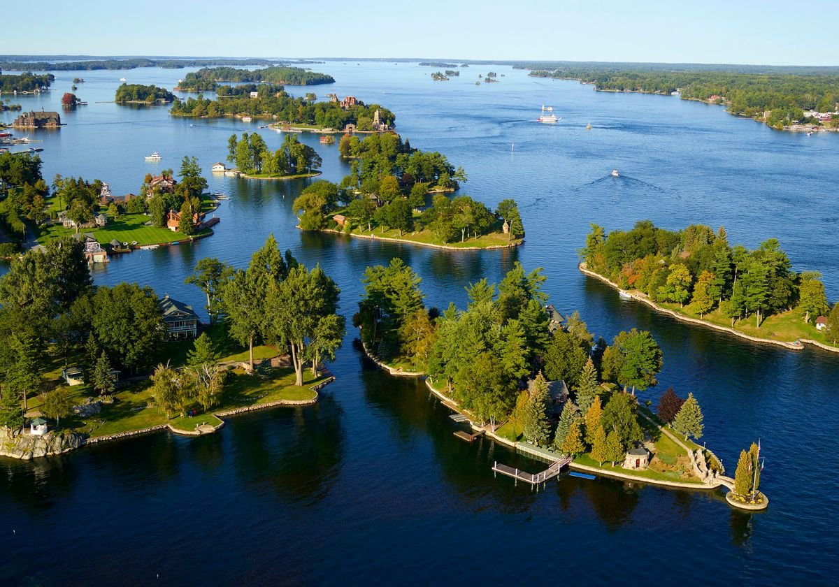 Scenic view of Gananoque, Ontario with Thousand Islands and St. Lawrence River cruise boats
