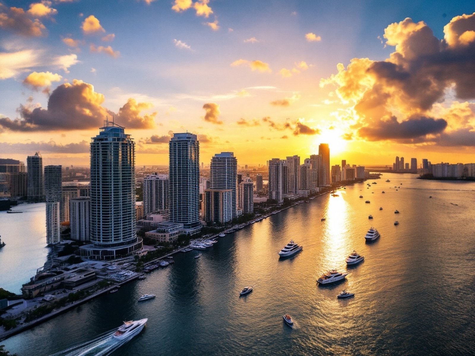 Skyline of downtown Miami, Florida at sunset with high-rise buildings, Biscayne Bay, and vibrant city lights