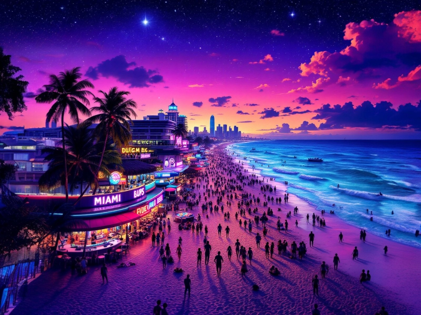 Miami Beach shoreline with turquoise water, white sand, colorful lifeguard tower, and Art Deco buildings in the background