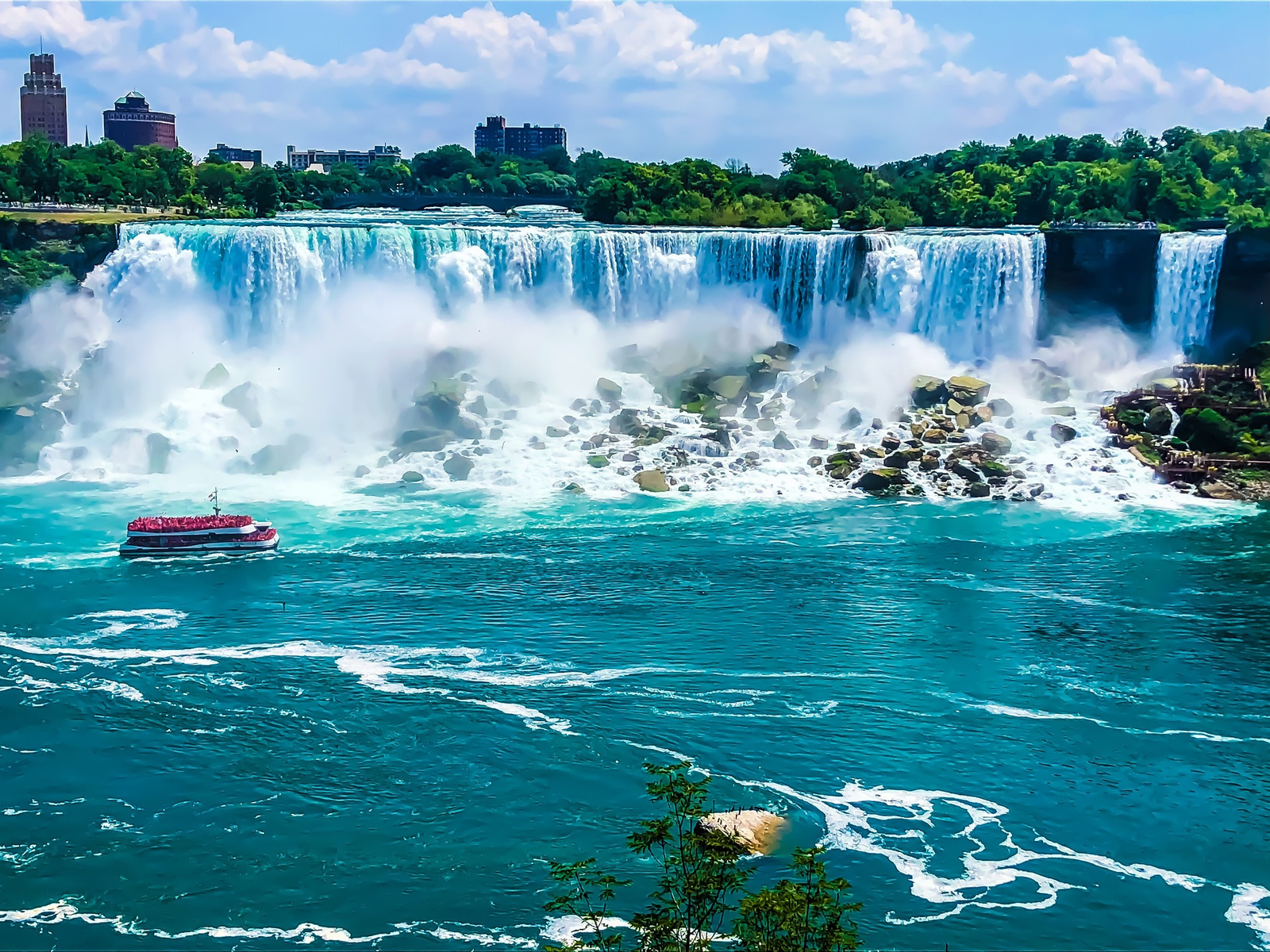 Powerful view of Niagara Falls, Canada with mist rising, captured from the viewing platform on a sunny day –