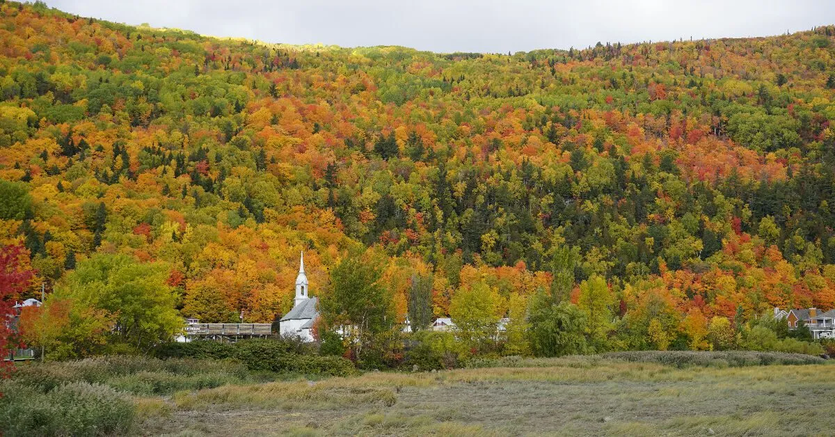 Panoramic view of Saint-Joseph-de-la-Rive village with the St. Lawrence River and ferry to Isle-aux-Coudres