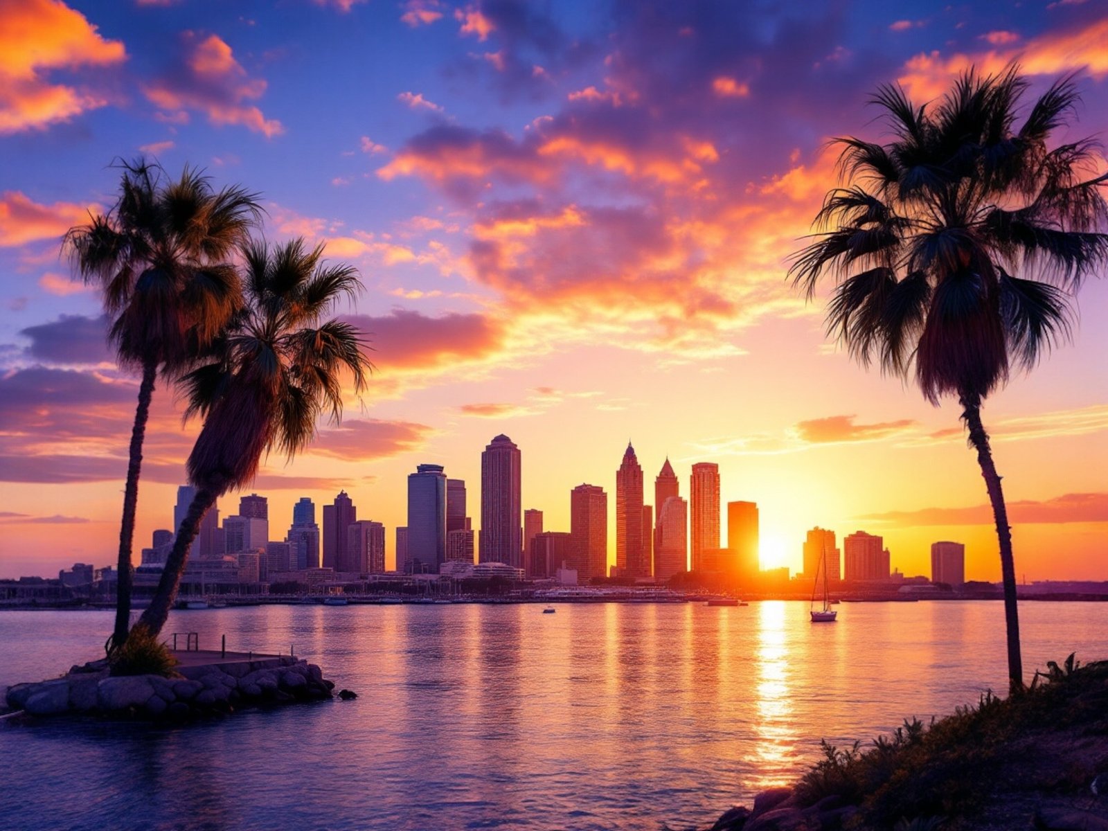 San Diego skyline at sunset with the bay and marina in the foreground