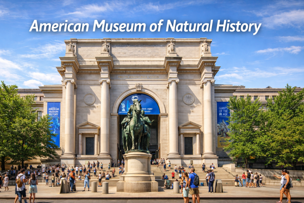American Museum of Natural History exterior in New York City with grand stone façade, central statue, and visitors under bright daylight.