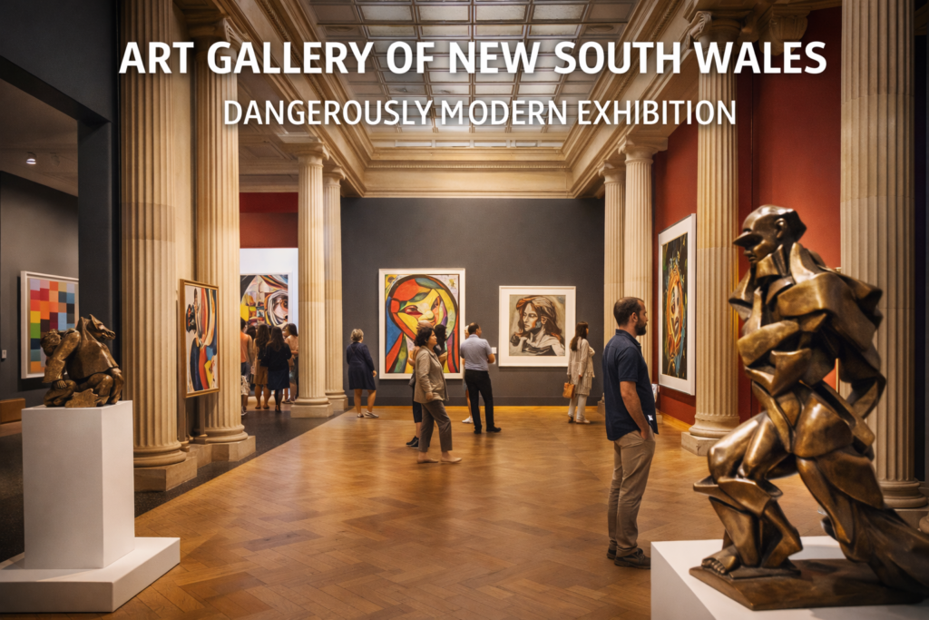 Dangerously Modern exhibition at Art Gallery of New South Wales featuring modern artworks sculptures and visitors in a sunlit gallery hall