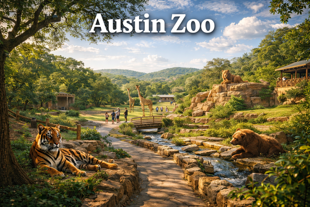 Austin Zoo scenic landscape with rescued wildlife including tiger bear giraffes and lion along shaded walking paths in the Texas Hill Country