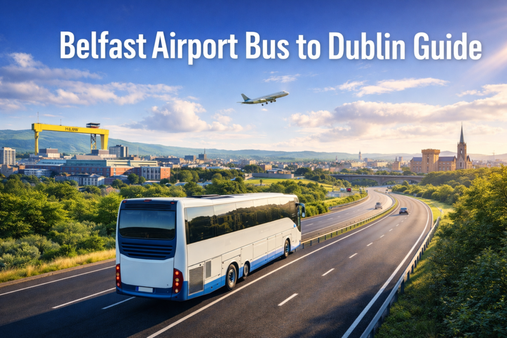 Belfast airport bus service connecting Belfast International Airport and Dublin with modern coach passing Belfast city landmarks in daylight