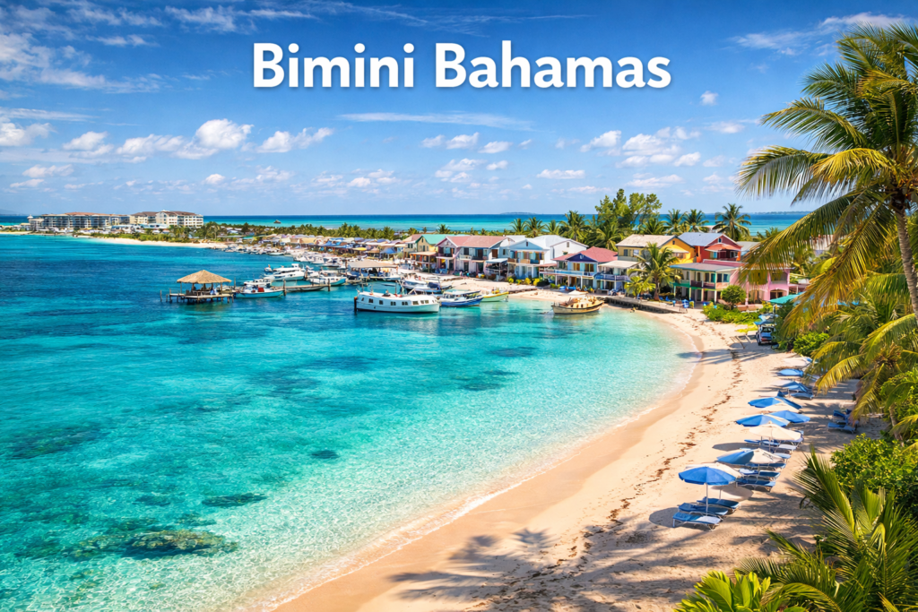 Bimini Bahamas island with turquoise ocean water, white sand beaches, palm trees, marina views, and bright tropical daylight in a cinematic wide angle landscape