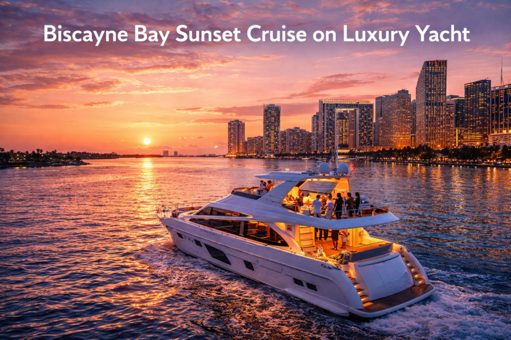 Luxury yacht cruising through Biscayne Bay at sunset with Miami skyline glowing in golden light during an evening cruise