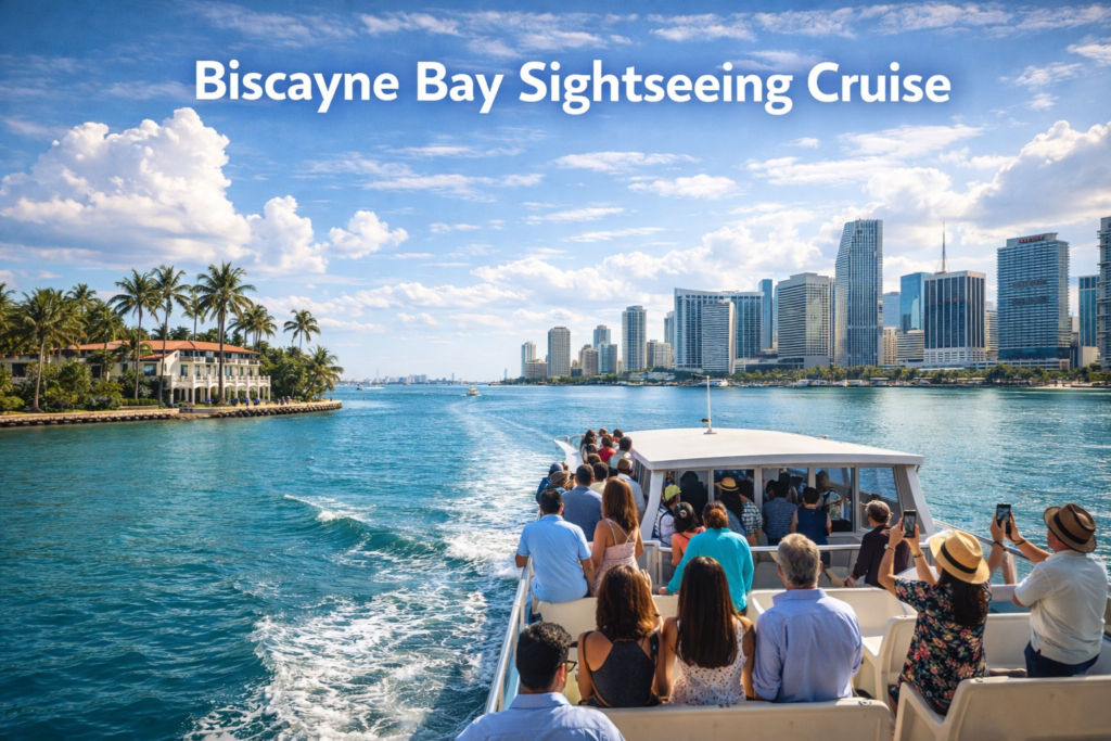 Biscayne Bay sightseeing cruise with passengers on a boat overlooking Miami skyline, turquoise waters, palm lined islands, and luxury waterfront homes under a bright blue sky.