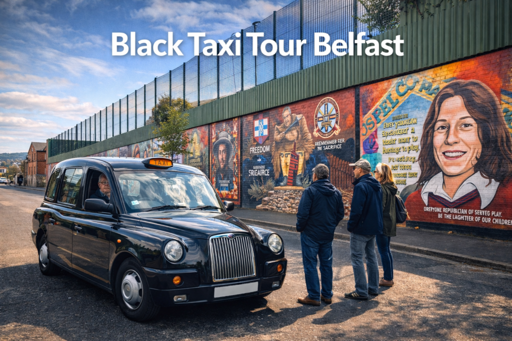 Black Taxi Tour Belfast showcasing iconic murals peace walls and historic neighborhoods under bright cinematic daylight
