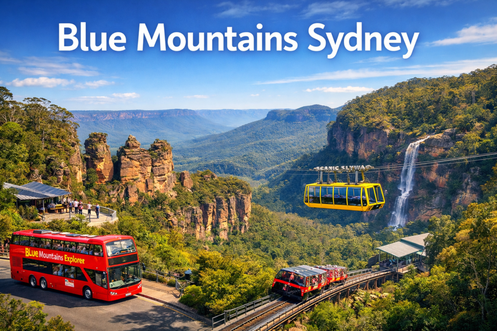 Blue Mountains Sydney scenic landscape featuring the Three Sisters, Scenic World Skyway, Scenic Railway, and a red hop on hop off bus overlooking Jamison Valley in bright daylight