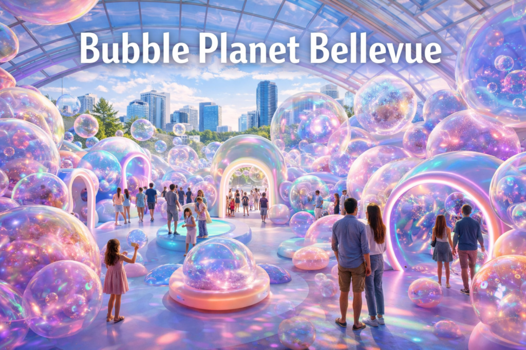 Bubble Planet Bellevue immersive bubble art experience with glowing installations interactive walkways and Bellevue city skyline in daylight