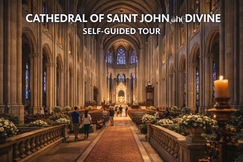 Interior of the Cathedral of Saint John the Divine with soaring Gothic arches, stained glass windows, and visitors exploring during a self guided tour in New York City.
