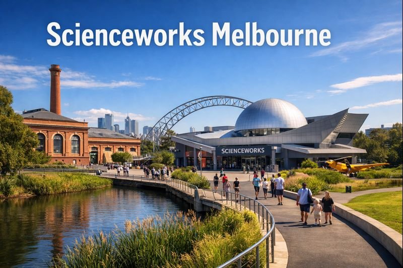 Scienceworks Melbourne entrance with iconic dome, historic pumping station, riverside walkway, and visitors enjoying a sunny day in Melbourne