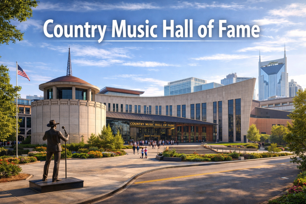 Country Music Hall of Fame in Nashville featuring iconic curved architecture, Hall of Fame Rotunda, downtown skyline, and visitors in bright daylight