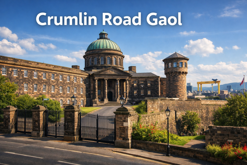 Crumlin Road Gaol Belfast historic Victorian prison exterior captured in bright daylight with stone walls towers and city surroundings