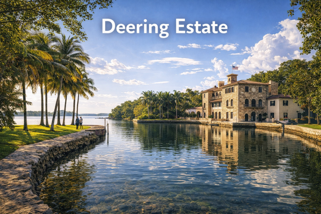 Deering Estate in Miami featuring historic Mediterranean Revival architecture overlooking Biscayne Bay surrounded by lush tropical landscapes under bright daylight
