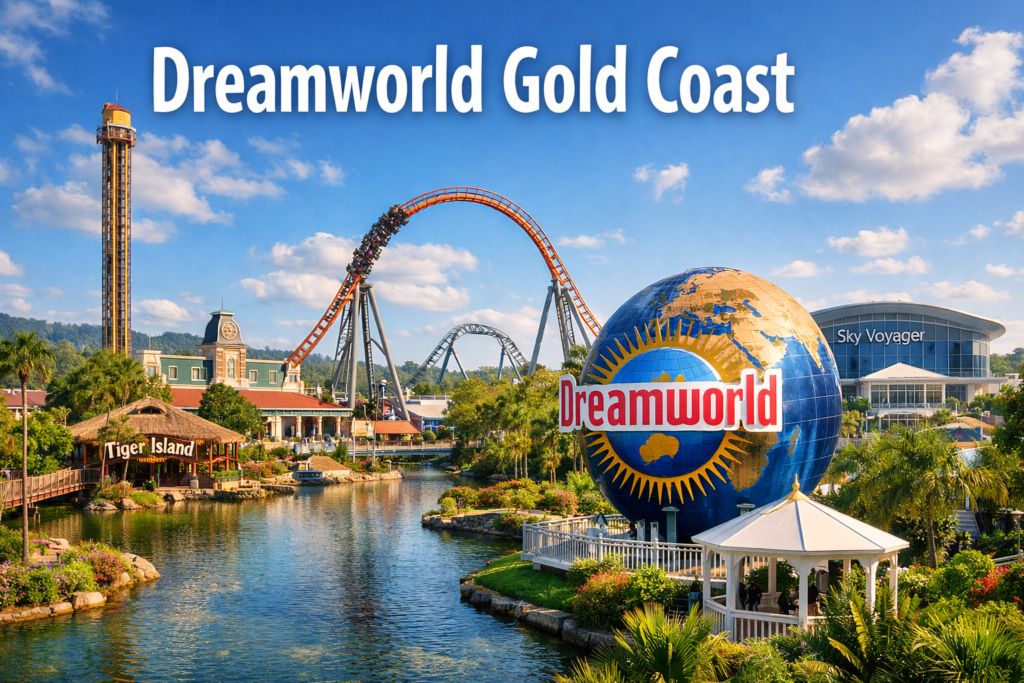 Dreamworld Gold Coast theme park with iconic globe landmark thrill rides Tiger Island and Steel Taipan roller coaster under bright blue sky