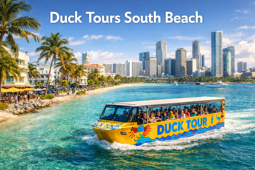 Duck Tours South Beach Miami amphibious vehicle splashing into Biscayne Bay with South Beach skyline palm trees and bright tropical daylight in a wide cinematic view
