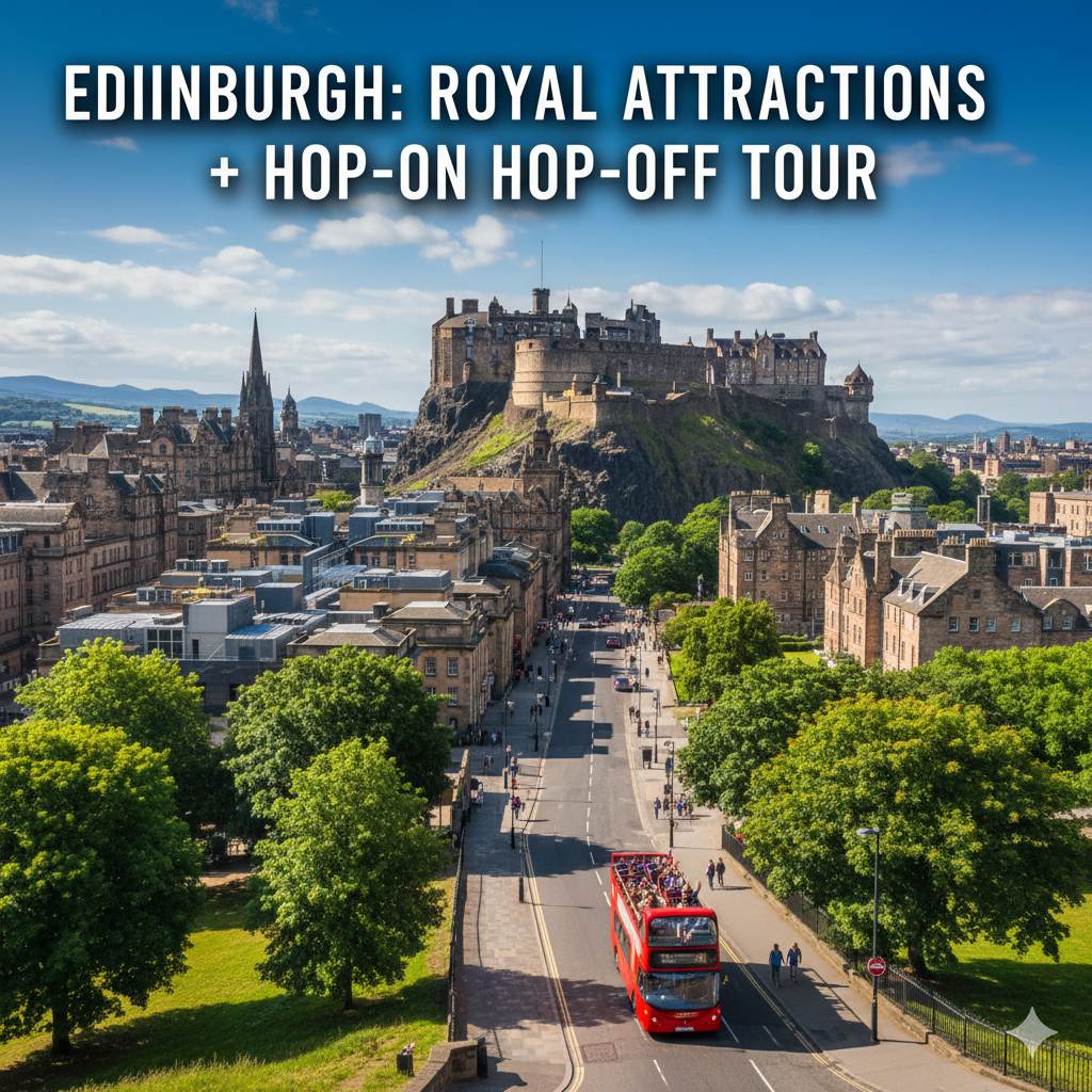 Cinematic view of Edinburgh’s Old Town skyline featuring Edinburgh Castle and a red hop-on hop-off sightseeing bus on a bright sunny day.