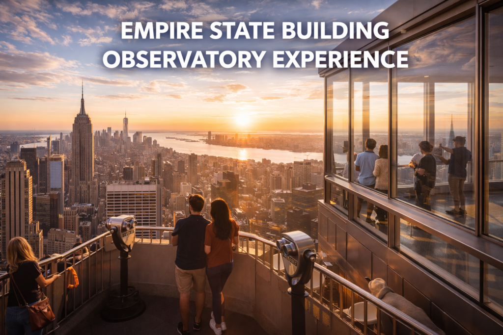Empire State Building observatory view from the 86th and 102nd floors overlooking New York City skyline during golden hour with visitors enjoying panoramic city views