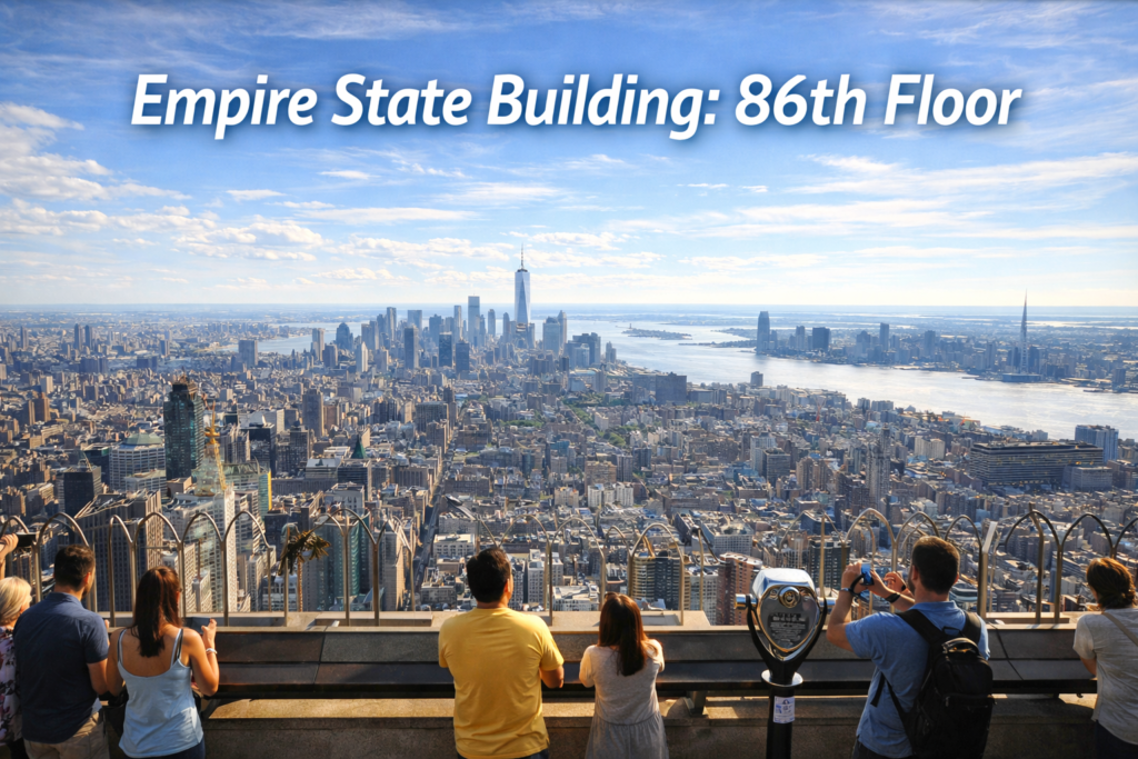 Empire State Building 86th Floor Observatory with panoramic New York City skyline views including One World Trade Center in bright daylight.