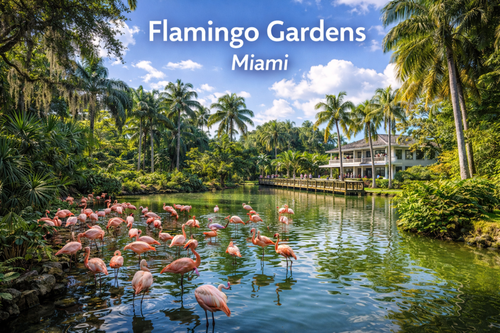 Flamingo Gardens in Miami featuring pink flamingos in a serene pond surrounded by lush tropical greenery palm trees and historic garden architecture under bright daylight