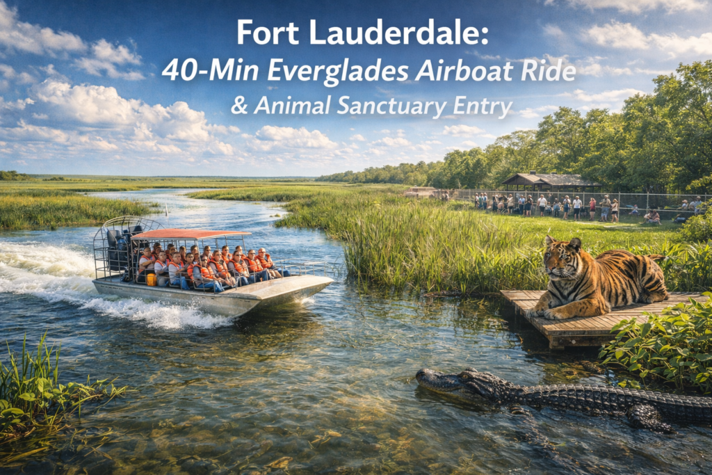 Fort Lauderdale Everglades airboat ride with tourists gliding through wetlands alongside alligators and animal sanctuary under bright daylight