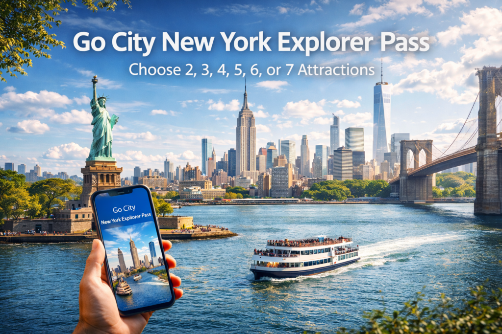 Go City New York Explorer Pass showcasing Statue of Liberty Manhattan skyline Brooklyn Bridge and sightseeing cruise with mobile pass in hand