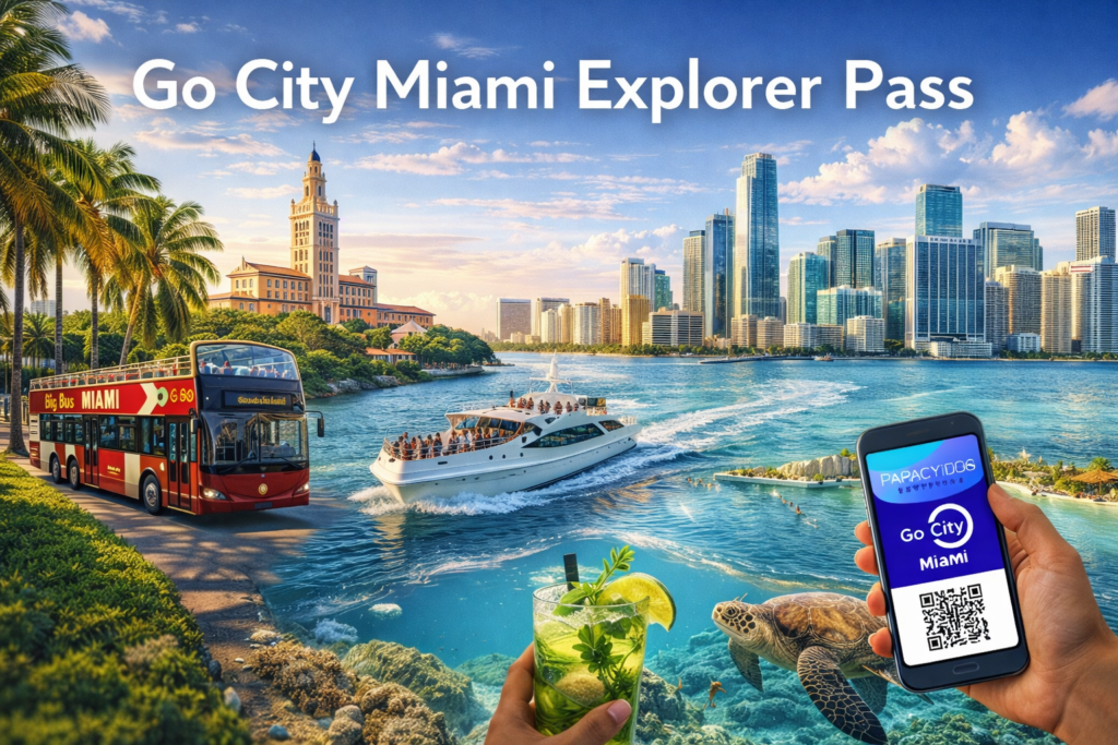 Go City Miami Explorer Pass showcasing Miami skyline, Biscayne Bay cruise, Big Bus Miami tour, snorkeling with sea turtle, and iconic city attractions under bright daylight