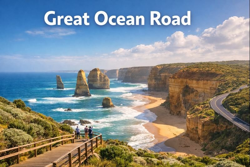 Great Ocean Road small group eco tour from Melbourne featuring the Twelve Apostles, dramatic limestone cliffs, coastal boardwalk, and scenic ocean views in bright daylight