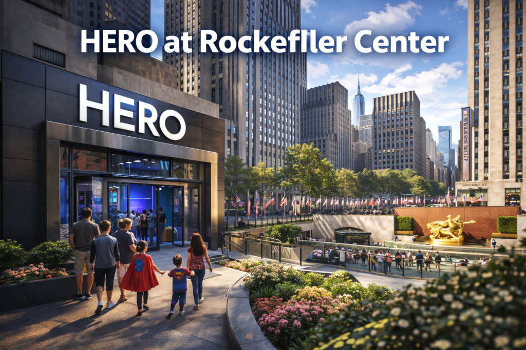 HERO at Rockefeller Center entrance with families visiting the immersive superhero attraction overlooking Rockefeller Plaza and the Prometheus statue in New York City.