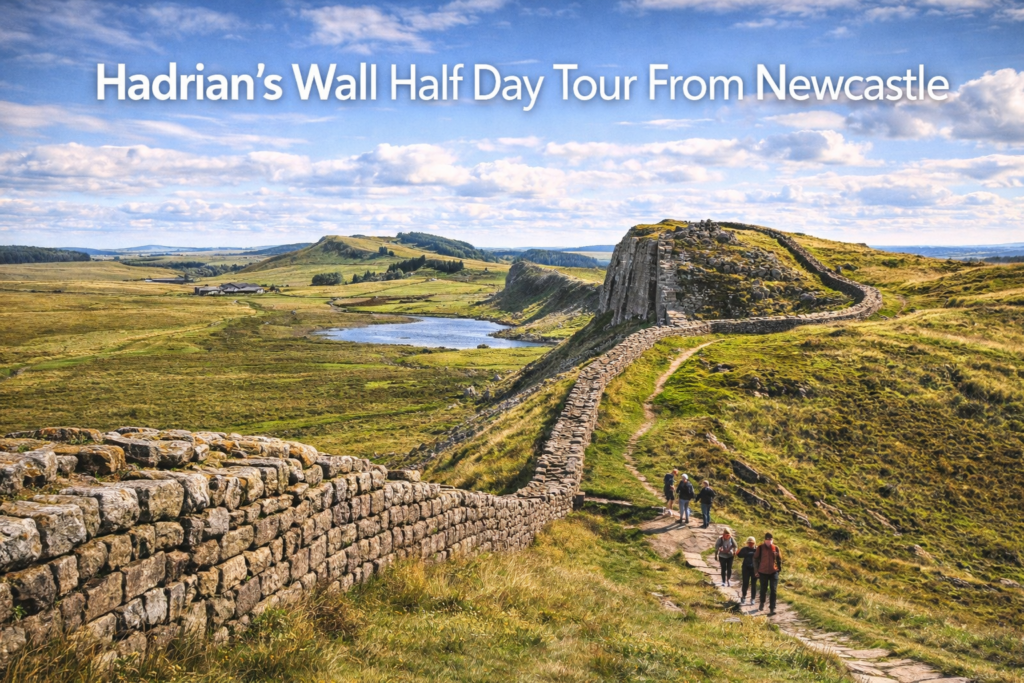 Hadrian’s Wall half day tour from Newcastle showing ancient Roman wall ruins across dramatic Northumberland countryside under bright daylight