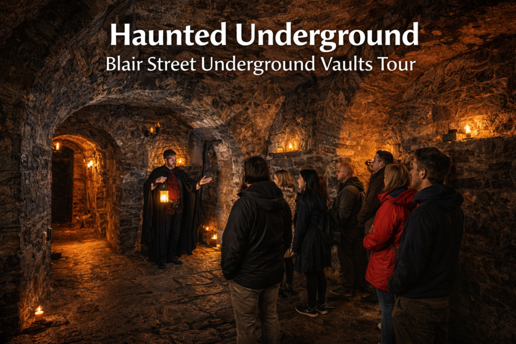 Haunted Underground Blair Street Underground Vaults tour entrance in Edinburgh with historic stone arches and atmospheric lighting in cinematic daylight