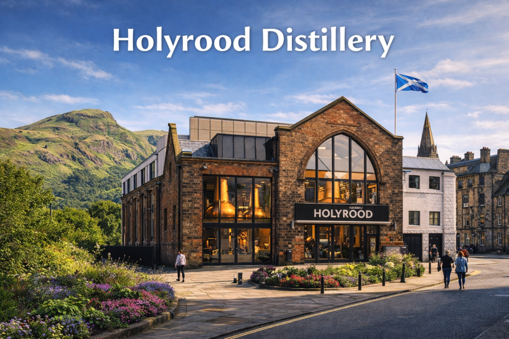 Holyrood Distillery in Edinburgh with modern Scottish architecture, whisky stills, and cinematic daylight during a guided whisky and gin tasting tour