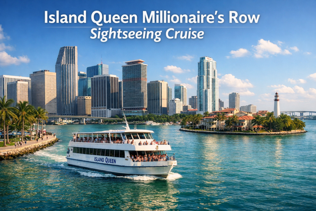 Island Queen Millionaire’s Row Sightseeing Cruise sailing through Biscayne Bay with Miami skyline and luxury waterfront mansions under bright daylight
