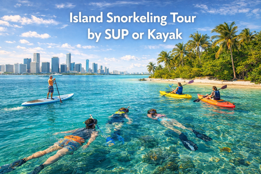 Island snorkeling tour in Miami with paddleboarders and kayakers reaching a tropical island, snorkelers in clear turquoise water, palm trees, and Miami skyline under bright daylight