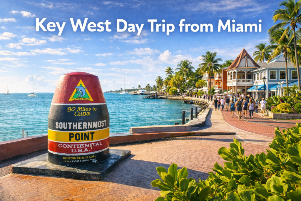 Key West day trip from Miami featuring the Southernmost Point buoy, palm lined waterfront walkway, historic buildings, harbor views, and bright tropical daylight