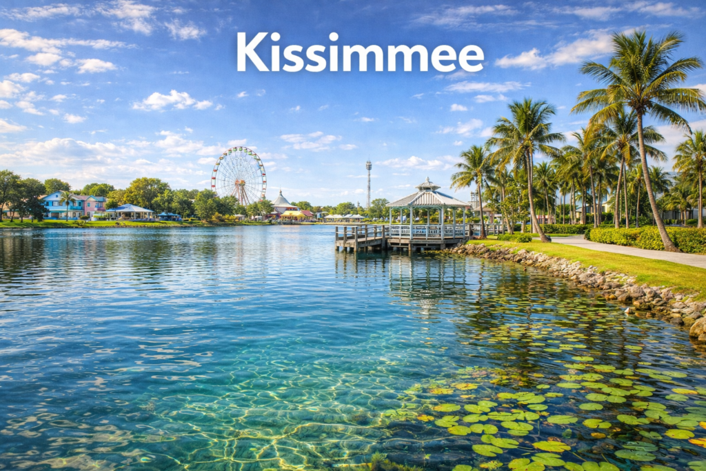 Kissimmee Florida lakefront with palm trees, gazebo pier, Ferris wheel, clear water reflections, and bright blue sky in a wide cinematic daytime landscape