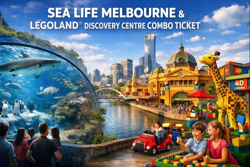 LEGOLAND Discovery Centre Melbourne indoor attraction featuring LEGO dragon, MINILAND Melbourne cityscape, 4D cinema and colorful LEGO characters under bright daylight