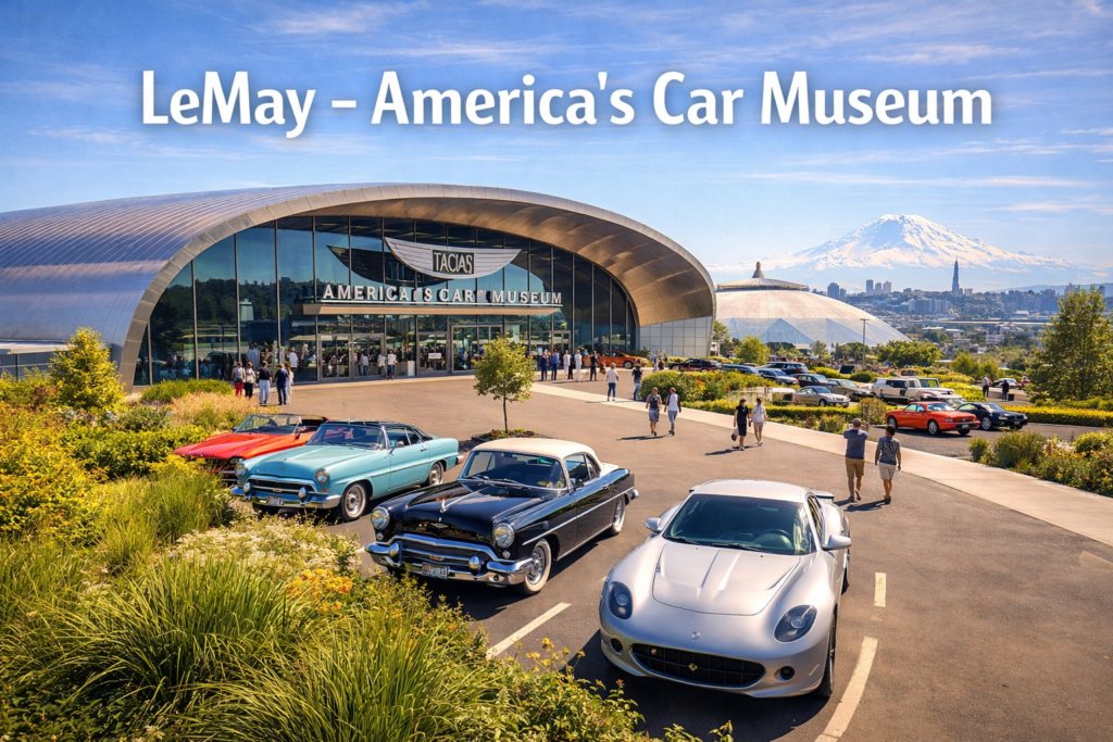 LeMay America’s Car Museum in Tacoma with classic cars modern architecture Tacoma Dome and Mount Rainier in bright daylight