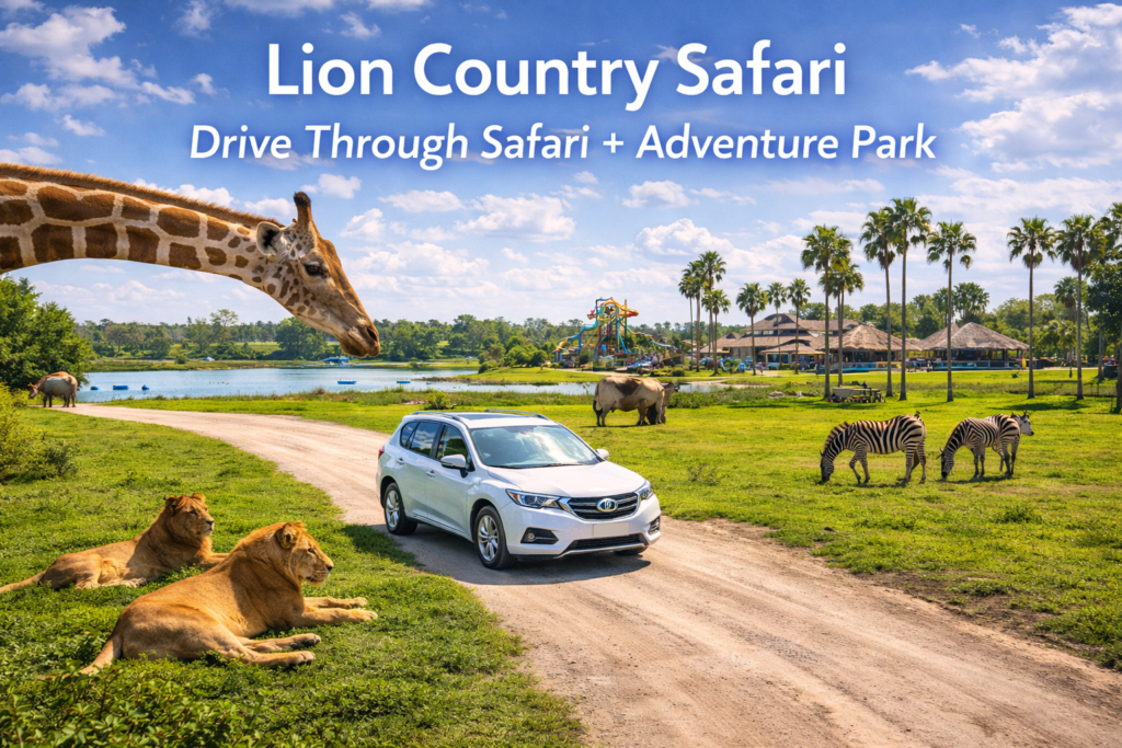 Lion Country Safari drive through safari in Florida featuring lions giraffes zebras and a vehicle traveling through open savanna style habitats under bright daylight