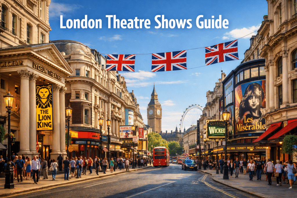 London West End theatre district with iconic theatres, bright marquee lights, red double decker buses, and crowds enjoying live shows in daytime