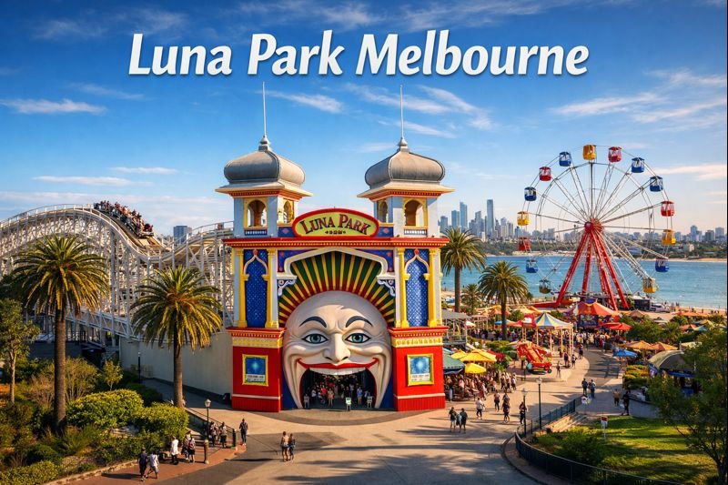 Luna Park Melbourne with iconic smiling entrance, Scenic Railway roller coaster, Ferris wheel, and Port Phillip Bay under bright daylight in St Kilda