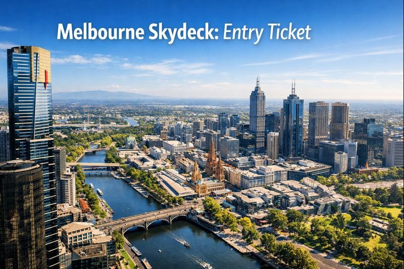 Panoramic city view from Melbourne Skydeck showing the Yarra River, Eureka Tower, and Melbourne skyline under bright daylight