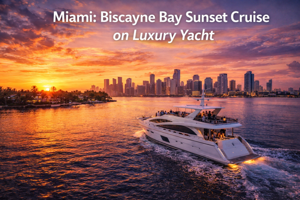 Luxury yacht cruising Biscayne Bay at sunset with Miami skyline glowing under golden and pink skies