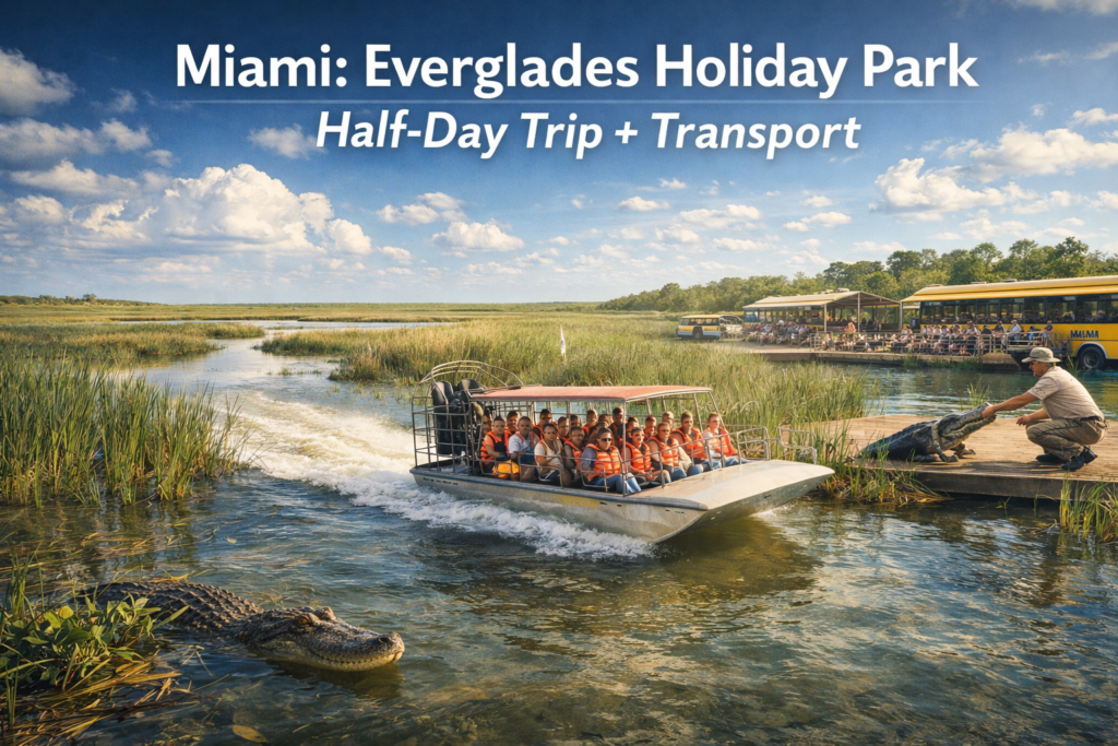 Everglades Holiday Park airboat ride with tourists exploring sawgrass wetlands, alligators, and wildlife under bright daylight near Miami