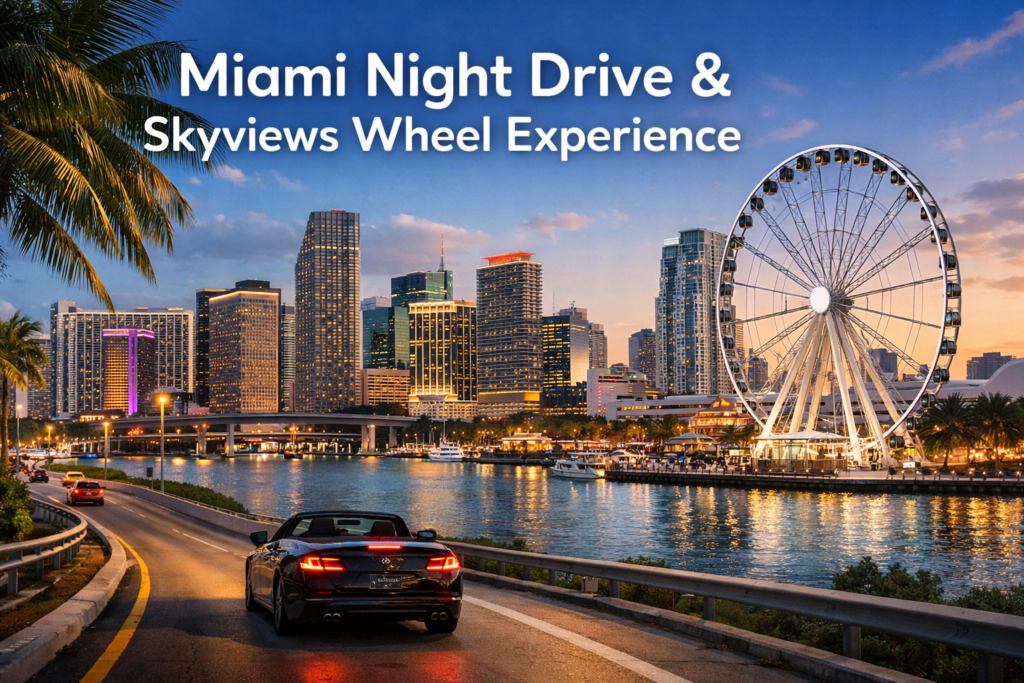 Miami night drive with glowing skyline and Skyviews Observation Wheel overlooking Biscayne Bay at sunset