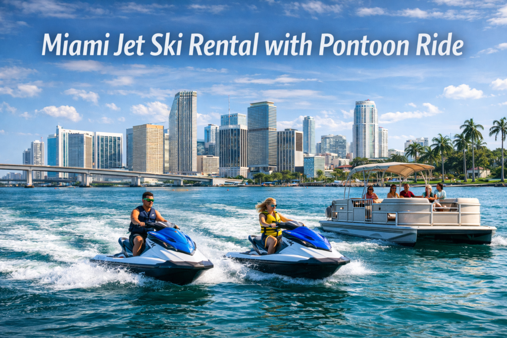 Miami jet ski rental with pontoon ride featuring riders on jet skis and a pontoon boat cruising Biscayne Bay with Miami skyline, bridge, and turquoise waters in daylight